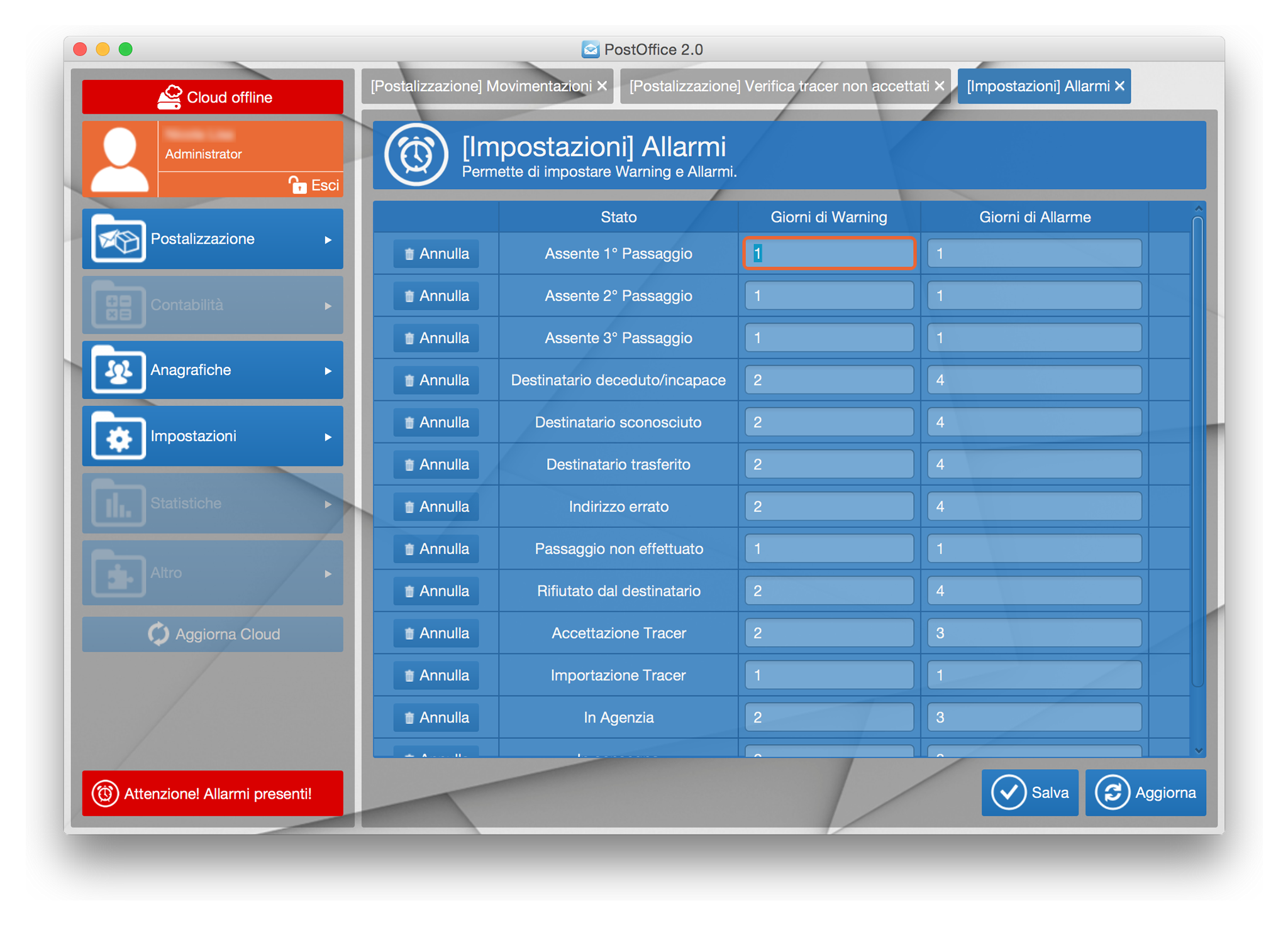 PostOffice 2.0 - impostazioni allarmi