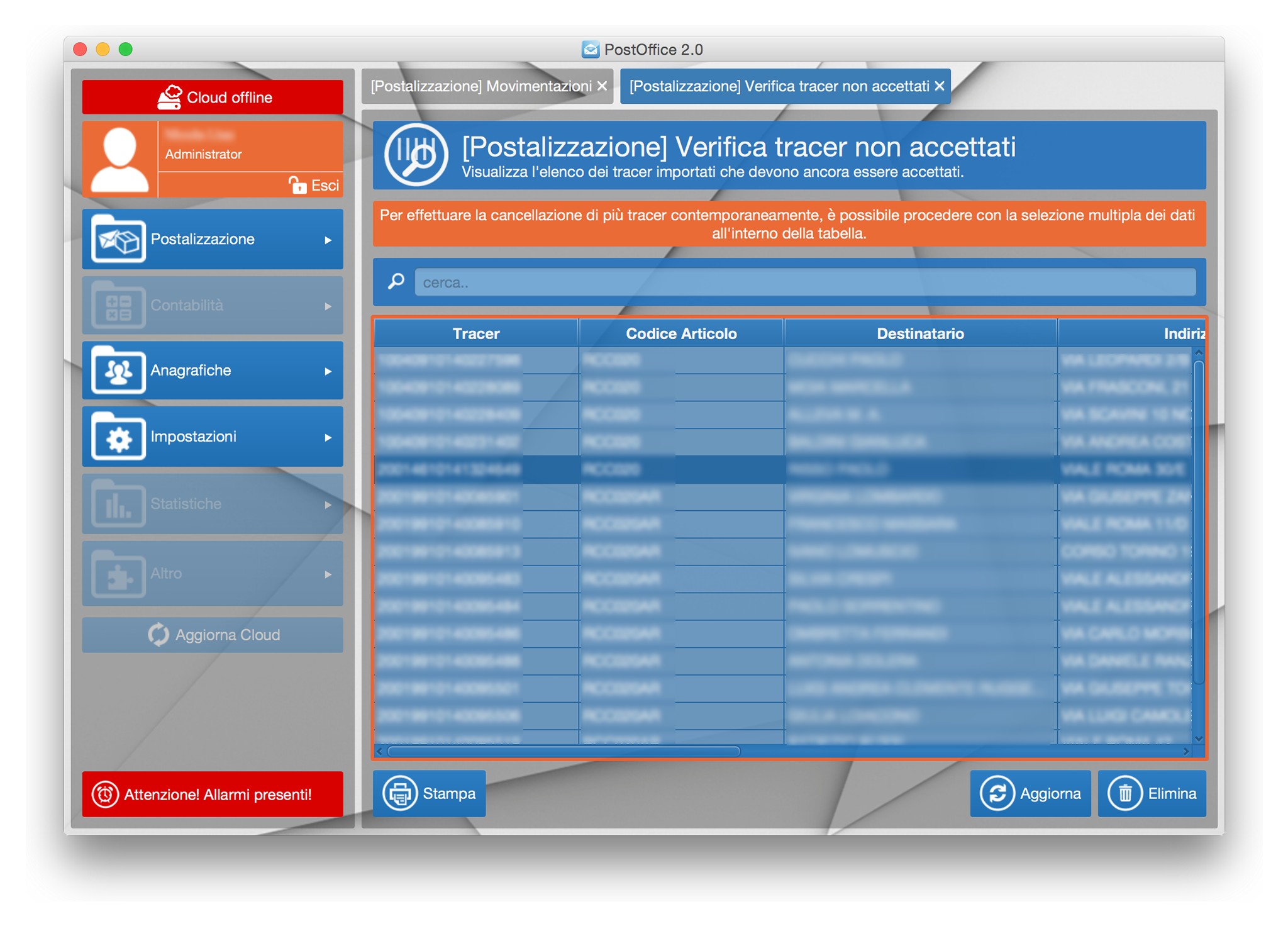 PostOffice 2.0 - verifica tracer non accettati